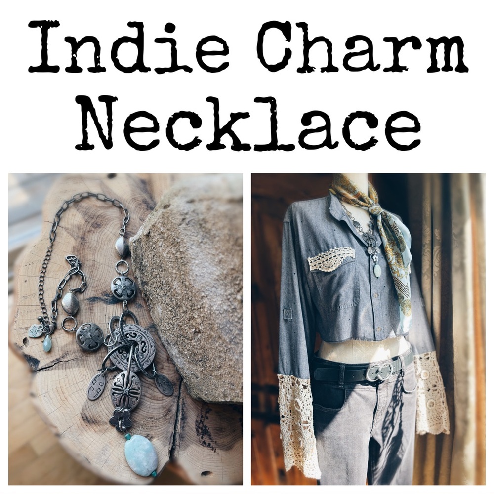 Artisan Indie Charm Chunky Statement Necklace 21” Adjustable NWT - Picture 2 of 13
